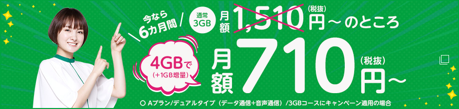 mineo(マイネオ)「月額基本料金6カ月800円割引+データ容量1GB増量キャンペーン」
