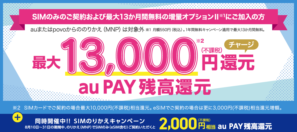 UQモバイル「au Pay残高最大13,000円キャッシュバック」